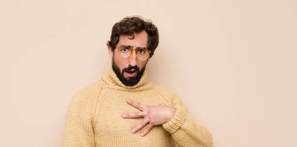 Young Cool Man Feeling Shocked Astonished Surprised Hand Chest Open — Stock Photo, Image