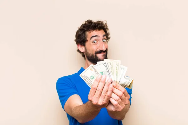 Young Cool Bearded Man Dolar Banknotes Success Concept — Stock Photo, Image