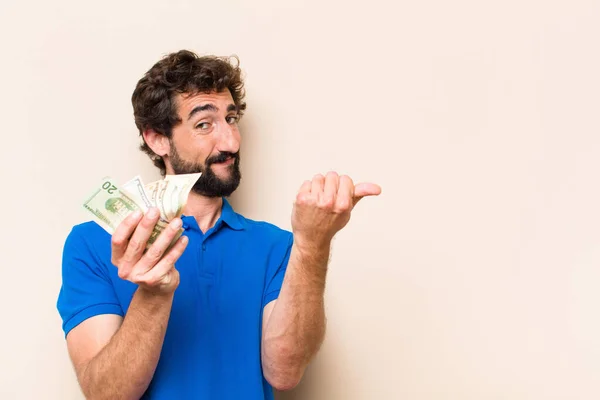 Jovem Homem Barbudo Legal Com Notas Dólar Conceito Sucesso — Fotografia de Stock