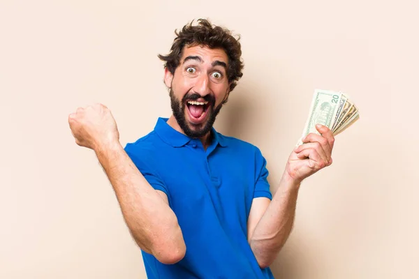 Young Cool Bearded Man Dolar Banknotes Success Concept — Stock Photo, Image