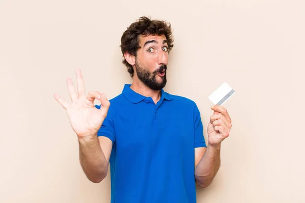 Young Cool Bearded Man Credit Card Success Concept — Stock Photo, Image