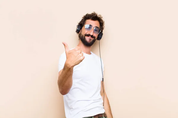 Young Cool Bearded Man Listening Music Headphones — Stock Photo, Image