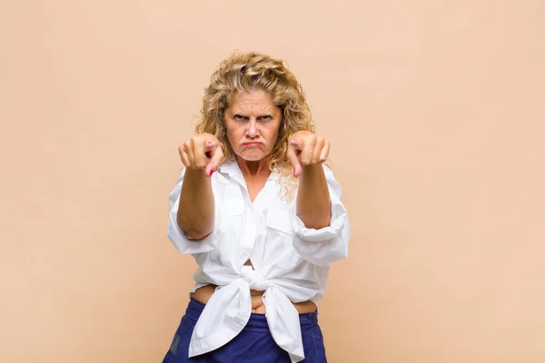 Middle Age Woman Pointing Forward Camera Both Fingers Angry Expression — Stock Photo, Image