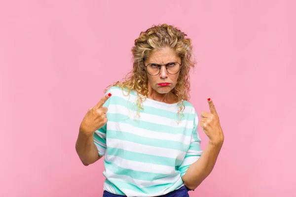 Middle Age Woman Bad Attitude Looking Proud Aggressive Pointing Upwards — Stock Photo, Image
