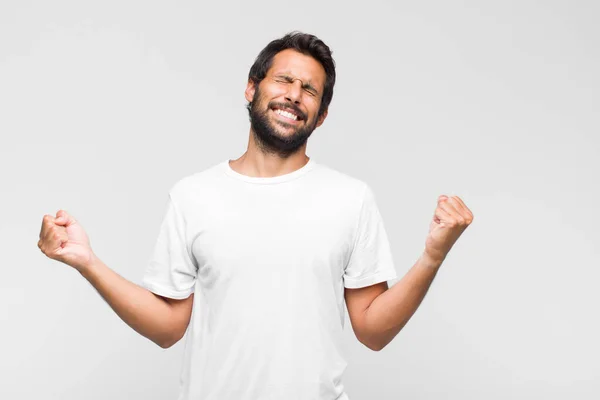 Young Latin Handsome Man Looking Extremely Happy Surprised Celebrating Success — Stock Photo, Image