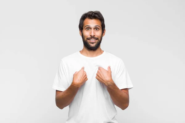 Young Latin Handsome Man Feeling Happy Surprised Proud Pointing Self — Stock Photo, Image