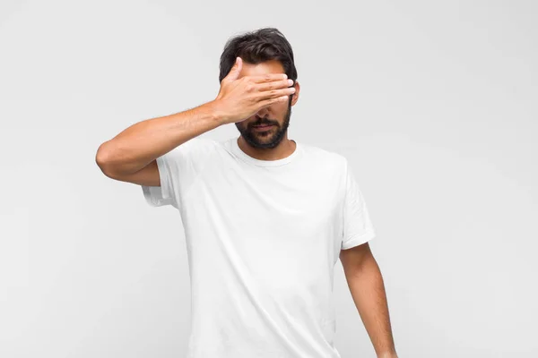 Young Latin Handsome Man Covering Eyes One Hand Feeling Scared — Stock Photo, Image