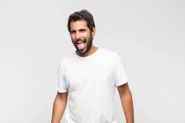 Young Latin Handsome Man Cheerful Carefree Rebellious Attitude Joking Sticking — Stock Photo, Image