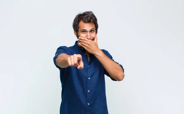 Young Latin Handsome Man Feeling Happy Shocked Surprised Covering Mouth — Stock Photo, Image