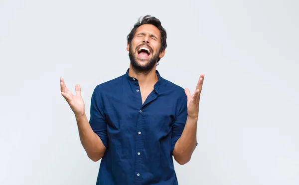 Young Latin Handsome Man Furiously Screaming Feeling Stressed Annoyed Hands — Stock Photo, Image