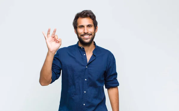 Young Latin Handsome Man Feeling Successful Satisfied Smiling Mouth Wide — Stock Photo, Image