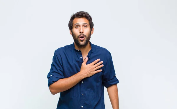 Young Latin Handsome Man Feeling Shocked Surprised Smiling Taking Hand — Stock Photo, Image