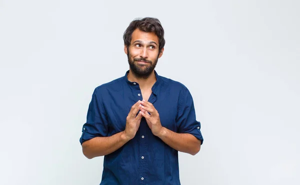 Young Latin Handsome Man Scheming Conspiring Thinking Devious Tricks Cheats — Stock Photo, Image