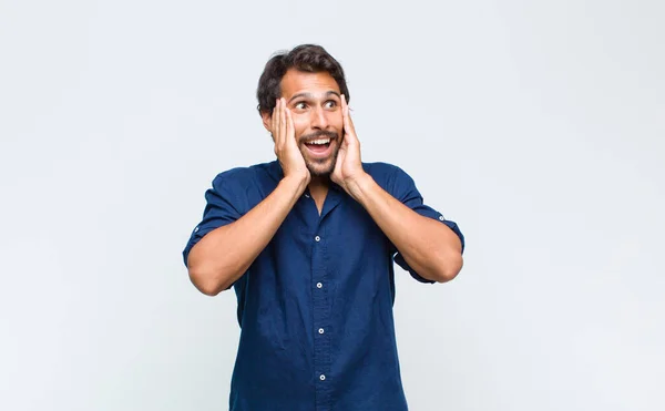 Young Latin Handsome Man Feeling Happy Excited Surprised Looking Side — Stock Photo, Image