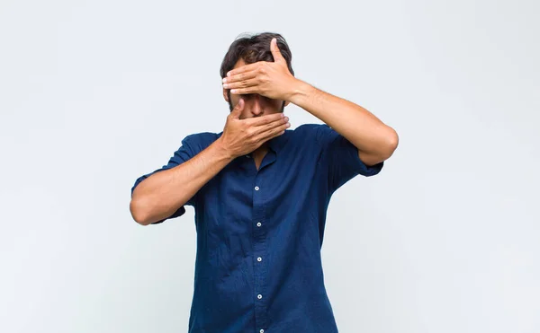 Young Latin Handsome Man Covering Face Both Hands Saying Camera — Stock Photo, Image