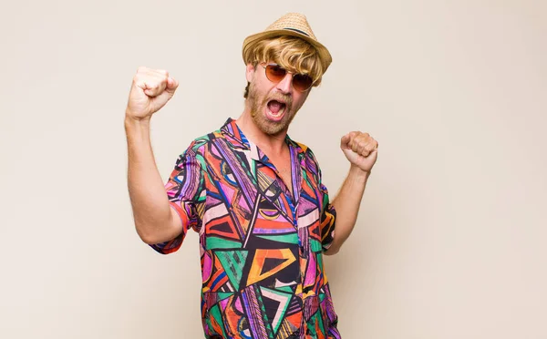 Blonde Adult Traveller Manshouting Triumphantly Looking Excited Happy Surprised Winner — Stock Photo, Image