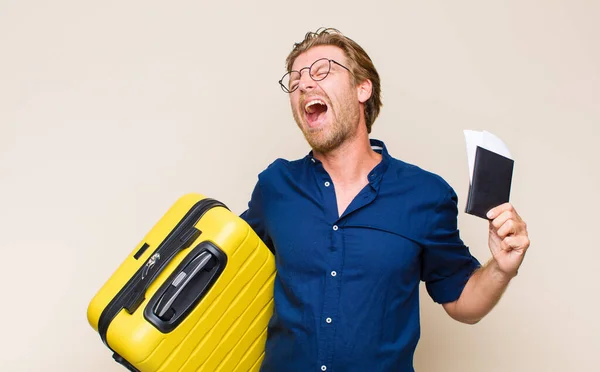 Adult Blonde Man Case Travel Concept — Stock Photo, Image