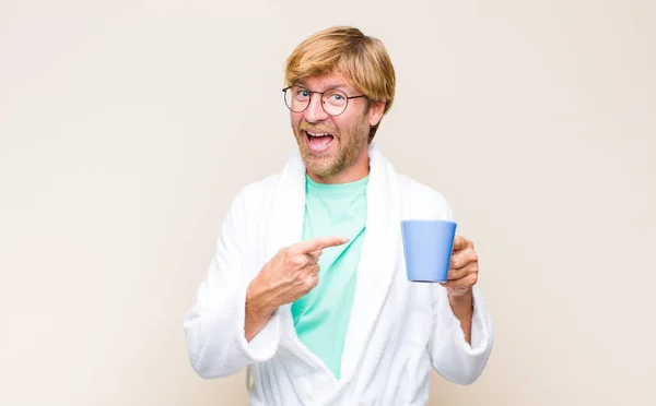 Blonde Adult Man Wearing Bathrobe Glasses Holding Coffee Cup — Stock Photo, Image