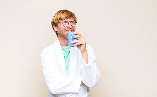 Blonde Adult Man Wearing Bathrobe Glasses Holding Coffee Cup — Stock Photo, Image
