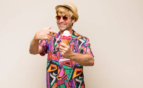 Blonde Adult Man Holding Ice Cream Hat Sun Glasses — Stock Photo, Image