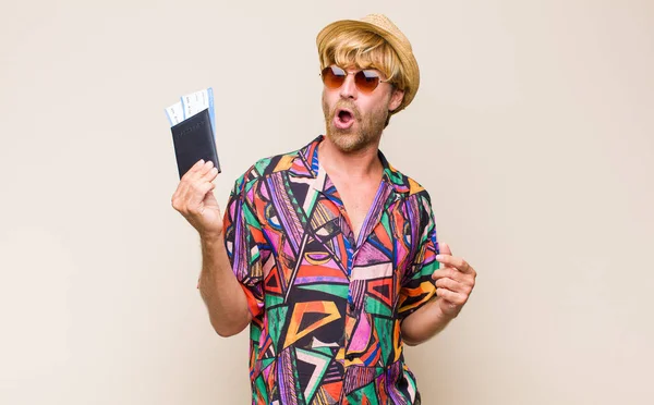Adult Blonde Man Passport Boarding Plane Tickets — Stock Photo, Image