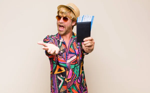 Adult Blonde Man Passport Boarding Plane Tickets — Stock Photo, Image