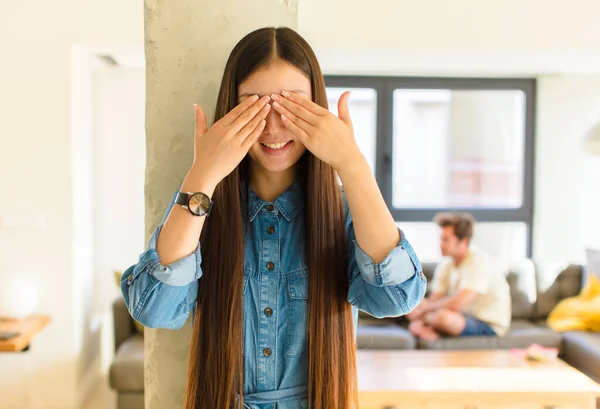 Young Pretty Asian Woman Smiling Feeling Happy Covering Eyes Both — Stock Photo, Image