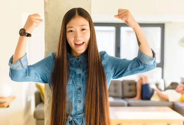 Young Pretty Asian Woman Shouting Triumphantly Looking Excited Happy Surprised — Stock Photo, Image