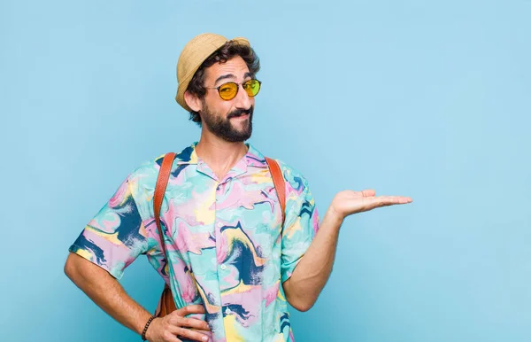 Young Bearded Tourist Man Smiling Feeling Confident Successful Happy Showing — Stock Photo, Image