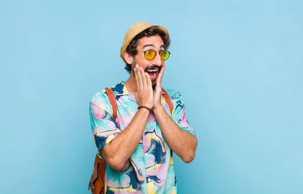 Young Bearded Tourist Man Feeling Happy Excited Surprised Looking Side — Stock Photo, Image