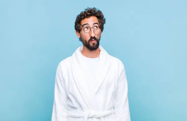 Young Bearded Man Wearing Bath Robe Worried Confused Clueless Expression — Stock Photo, Image