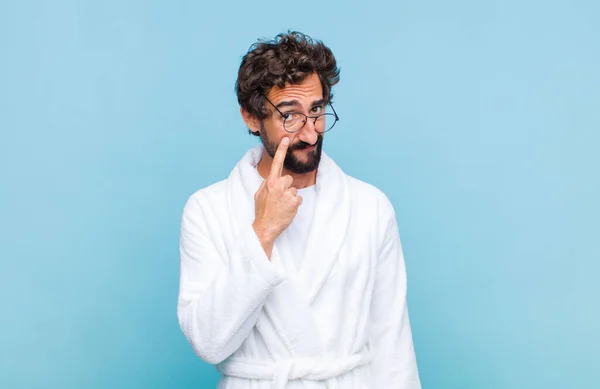 Young Bearded Man Wearing Bath Robe Keeping Eye You Trusting — Stock Photo, Image