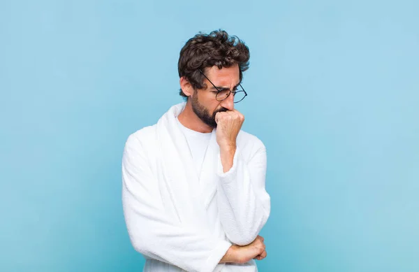 Young Bearded Man Wearing Bath Robe Feeling Serious Thoughtful Concerned — Stock Photo, Image