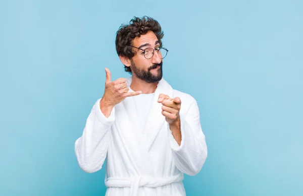 Young Bearded Man Wearing Bath Robe Smiling Cheerfully Pointing Camera — Stock Photo, Image