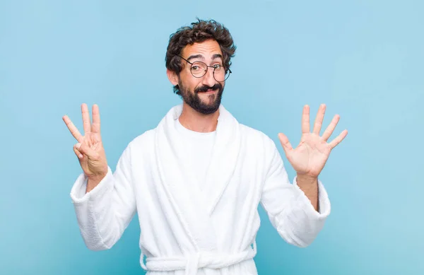 Young Bearded Man Wearing Bath Robe Smiling Looking Friendly Showing — Stock Photo, Image