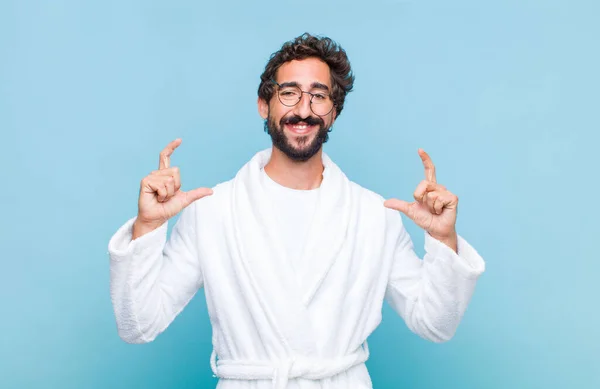 Young Bearded Man Wearing Bath Robe Framing Outlining Own Smile — Stock Photo, Image