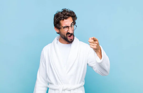 Young Bearded Man Wearing Bath Robe Pointing Camera Angry Aggressive — Stock Photo, Image