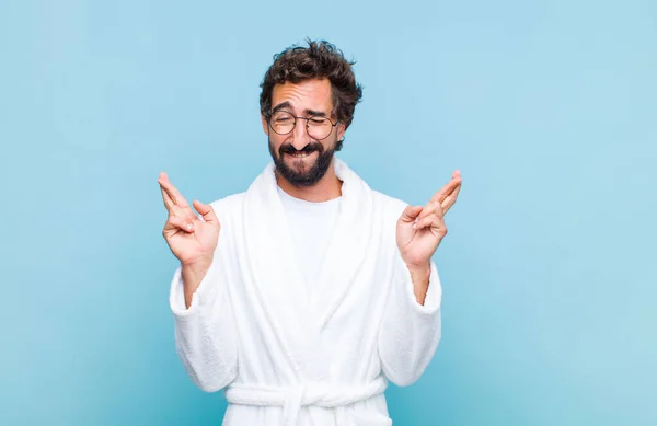 Young Bearded Man Wearing Bath Robe Smiling Anxiously Crossing Both — Stock Photo, Image