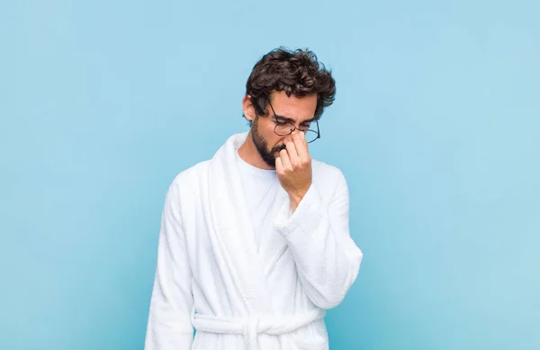 Young Bearded Man Wearing Bath Robe Feeling Stressed Unhappy Frustrated — Stock Photo, Image