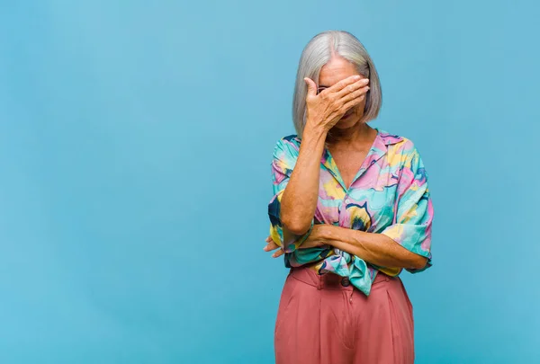 Middle Age Cool Woman Looking Stressed Ashamed Upset Headache Covering — Stock Photo, Image