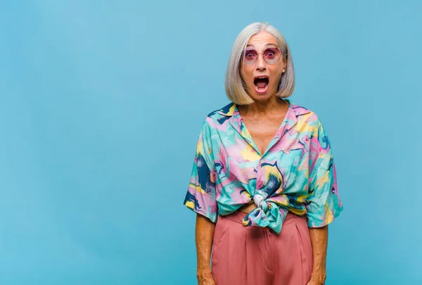 Middle Age Cool Woman Feeling Terrified Shocked Mouth Wide Open — Stock Photo, Image