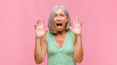 Orta yaşlı, güzel bir kadın ağzı açık ve şaşırmış, şok olmuş ve hayrete düşmüş inanılmaz bir sürprizle