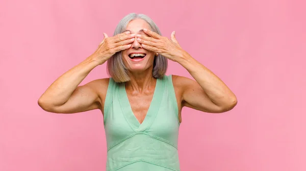 Middle Age Pretty Woman Smiling Feeling Happy Covering Eyes Both — Stock Photo, Image
