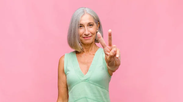 Middle Age Pretty Woman Smiling Looking Friendly Showing Number One — Stock Photo, Image