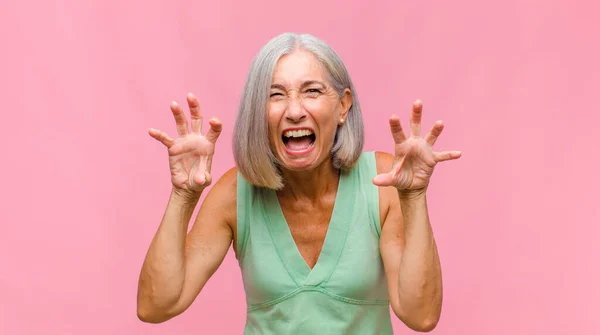 Middle Age Pretty Woman Shrugging Dumb Crazy Confused Puzzled Expression — Fotografia de Stock