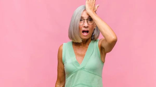 Middle Age Pretty Woman Feeling Stressed Unhappy Frustrated Touching Forehead — Stock Photo, Image