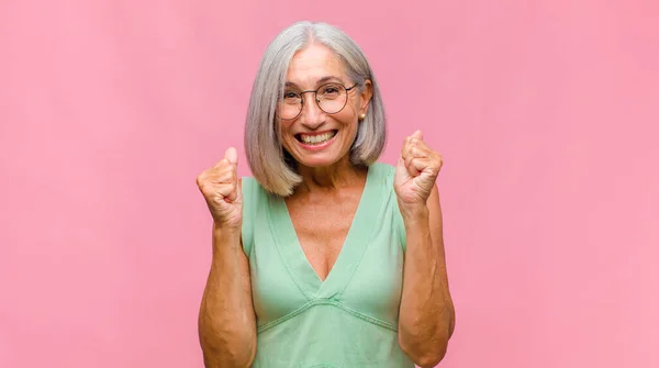 Middle Age Pretty Woman Smiling Happy Confident Expression Hand Chin — Stock Photo, Image