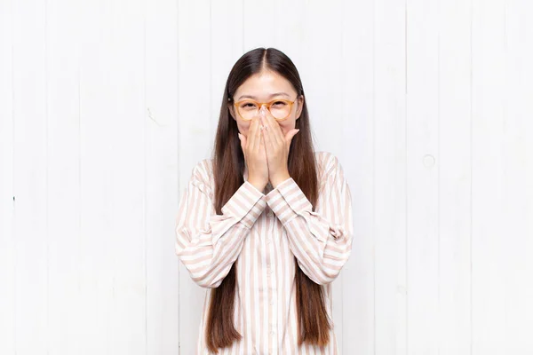 Asian Young Woman Looking Happy Cheerful Lucky Surprised Covering Mouth — Stock Photo, Image