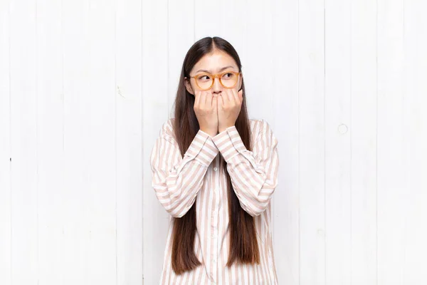 Asian Young Woman Looking Worried Anxious Stressed Afraid Biting Fingernails — Stock Photo, Image