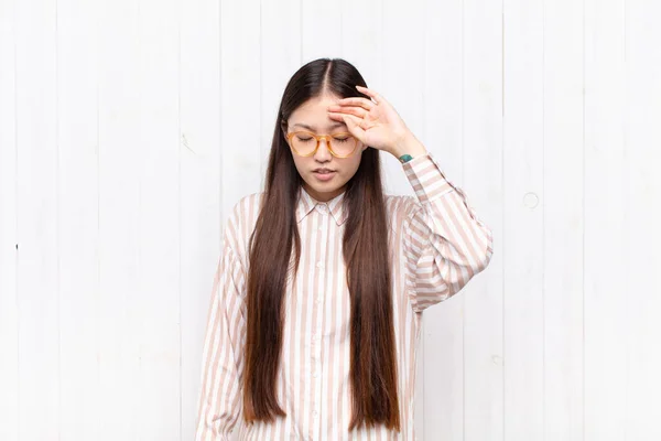 Asian Young Woman Looking Stressed Tired Frustrated Drying Sweat Forehead — Stock Photo, Image